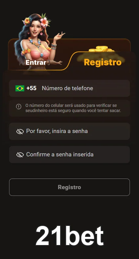 Tela de cadastro simplificada da 21bet em dispositivo móvel
