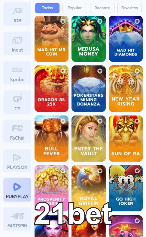 Seleção popular de slots no 21bet, mostrando diversas máquinas caça-níqueis emocionantes.