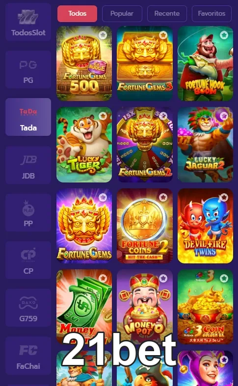 Exibição de todos os slots disponíveis no 21bet, oferecendo diversas opções de jogos emocionantes.